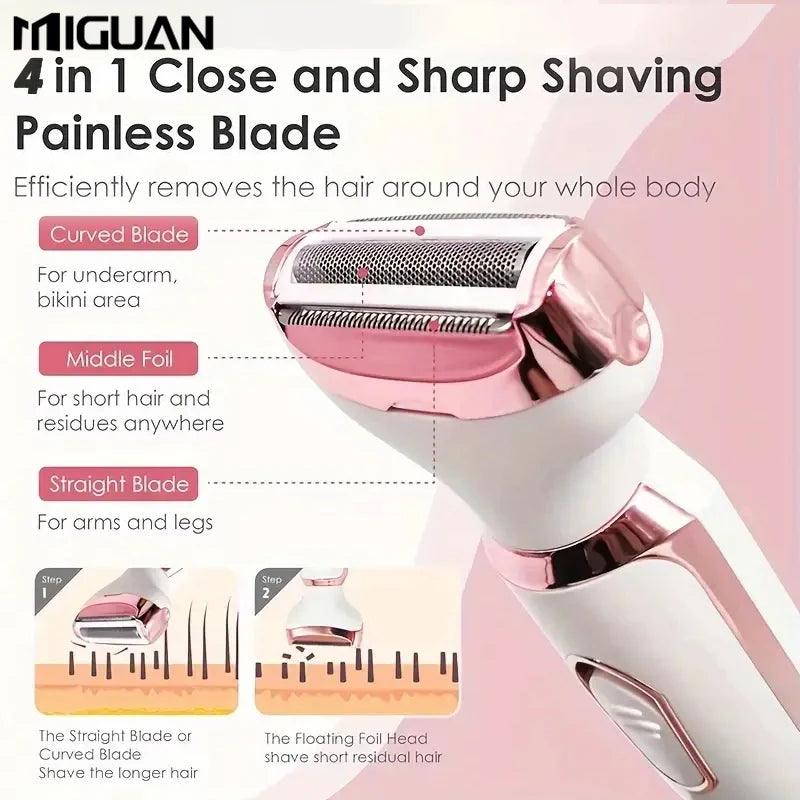 Depilador elétrico feminino 4 em 1/Conjunto de depilador elétrico multifuncional feminino/Aparador de biquíni feminino/Recarregável por USB