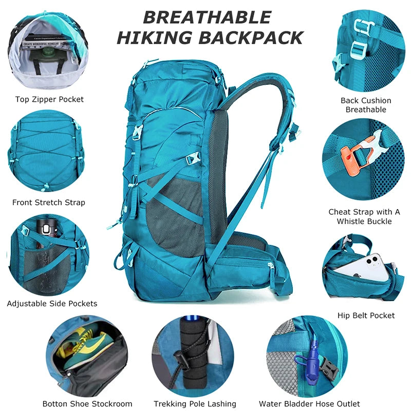 Mochila de caminhada WESTTUNE 50L com capa de chuva, bolsa multifuncional para montanhismo, mochila para atividades ao ar livre, para viagens, trekking e acampamento