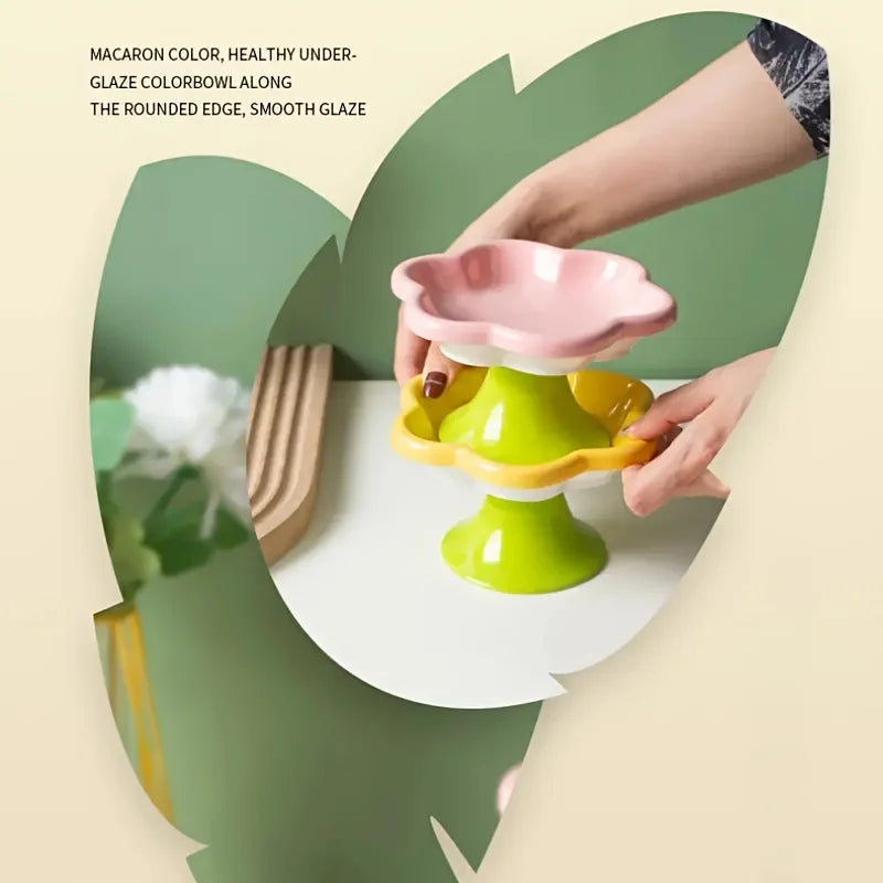 Tigela de cerâmica para animais de estimação com design de flores, tigela para comida de gato, prato de água com pé alto, prato para lanche com suporte para proteção do pescoço, água potável