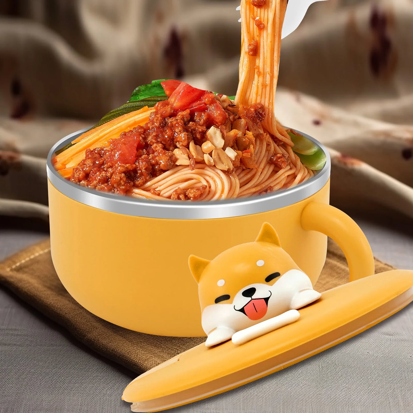 Tigela de macarrão Ramen 1200ml, aço inoxidável 304, com tampa e garfo, resistente ao calor e com alças, para cozinhar