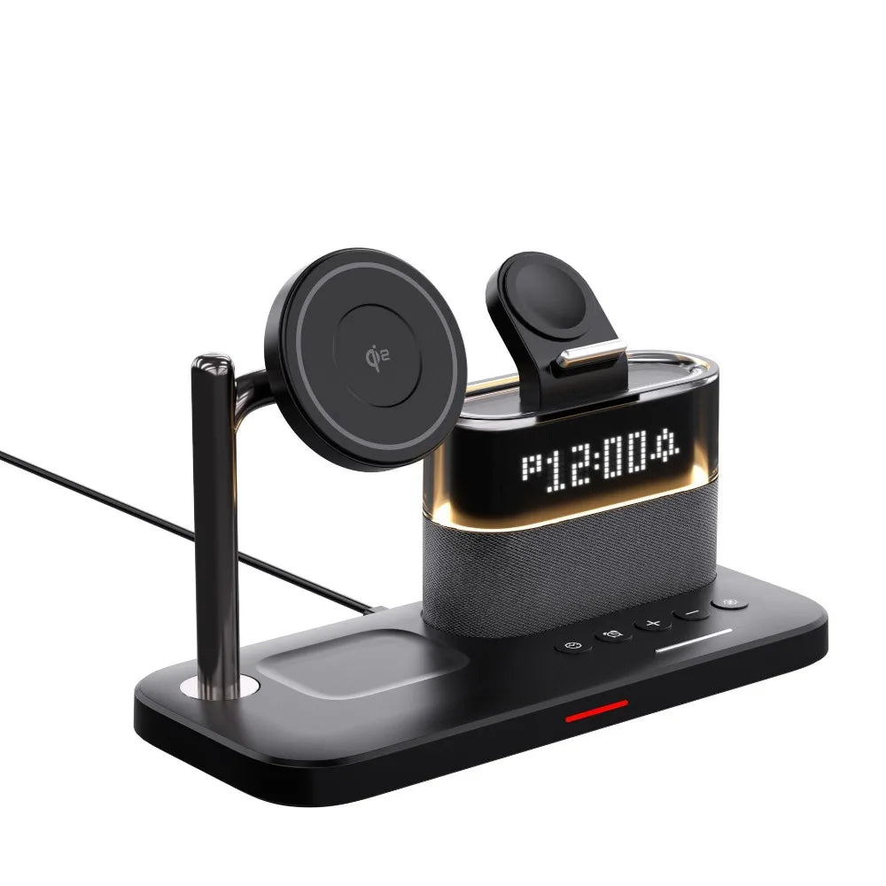 Carregador sem fio Qi2 5 em 1, carregamento rápido de 15 W, suporte magnético com despertador e suporte para carregamento de telefone