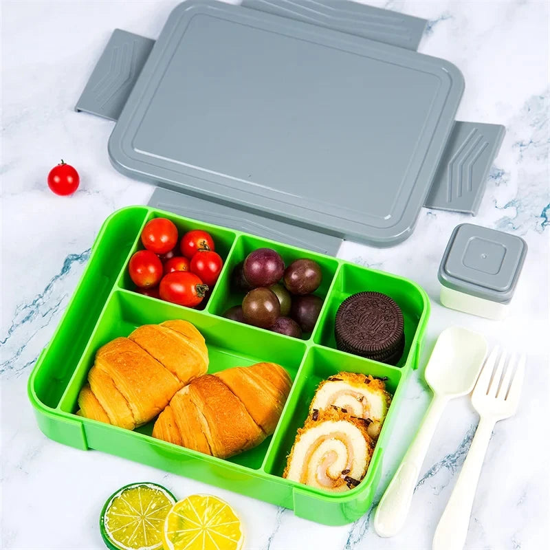 Lancheira Bento para adultos de 1330 ml, recipientes para alimentos com 6 compartimentos e utensílios de mesa para lanches, trabalho, escola, forno de micro-ondas, aquecimento