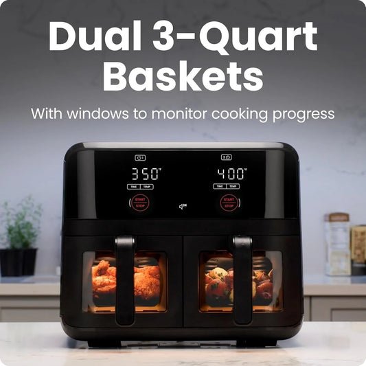 Forno Air Fryer de 6 litros com duas cestas e janelas de fácil visualização, acabamento sincronizado, alta fritura, desligamento automático, 2 fornos independentes antiaderentes de 3 litros