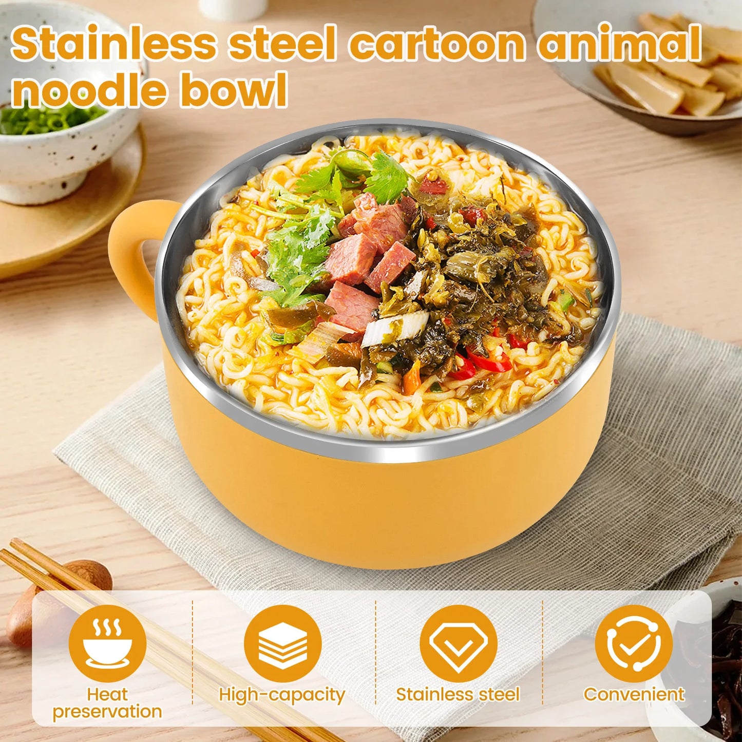 Tigela de macarrão instantâneo de aço inoxidável 1200ml com tampa resistente ao calor para macarrão instantâneo, utensílios de cozinha e utensílios de cozinha