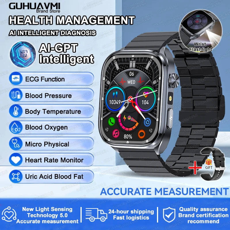 Novo relógio inteligente masculino 2025, pressão arterial, saúde, oxigênio no sangue, ácido úrico, lipídios, rastreador de fitness, relógios Bluetooth, chamada, ECG, smartwatch