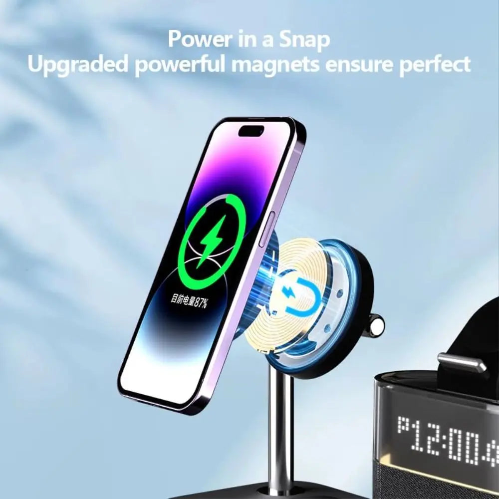 Carregador sem fio Qi2 5 em 1, carregamento rápido de 15 W, suporte magnético com despertador e suporte para carregamento de telefone