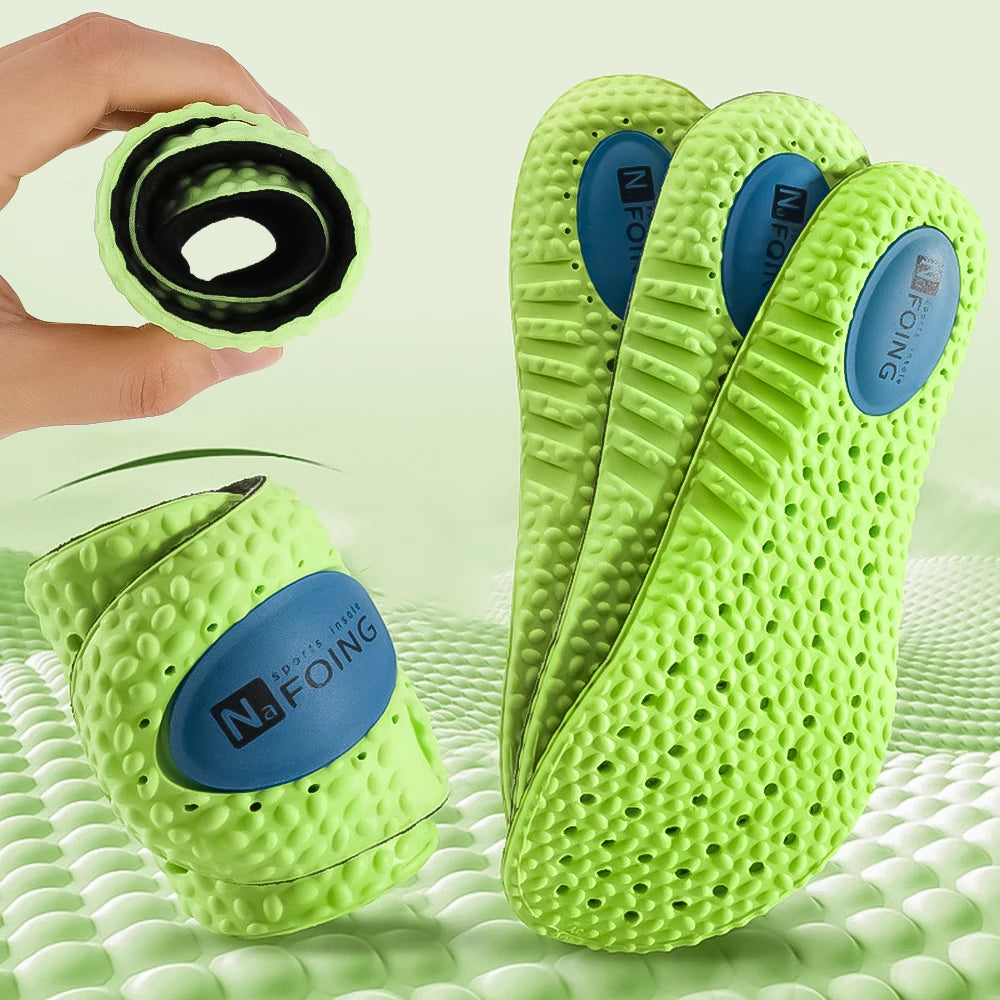 Palmilha esportiva de absorção de choque, espuma de memória de PU verde, suporte de arco respirável, almofada para calçados ortopédicos, homens e mulheres, cuidados com os pés