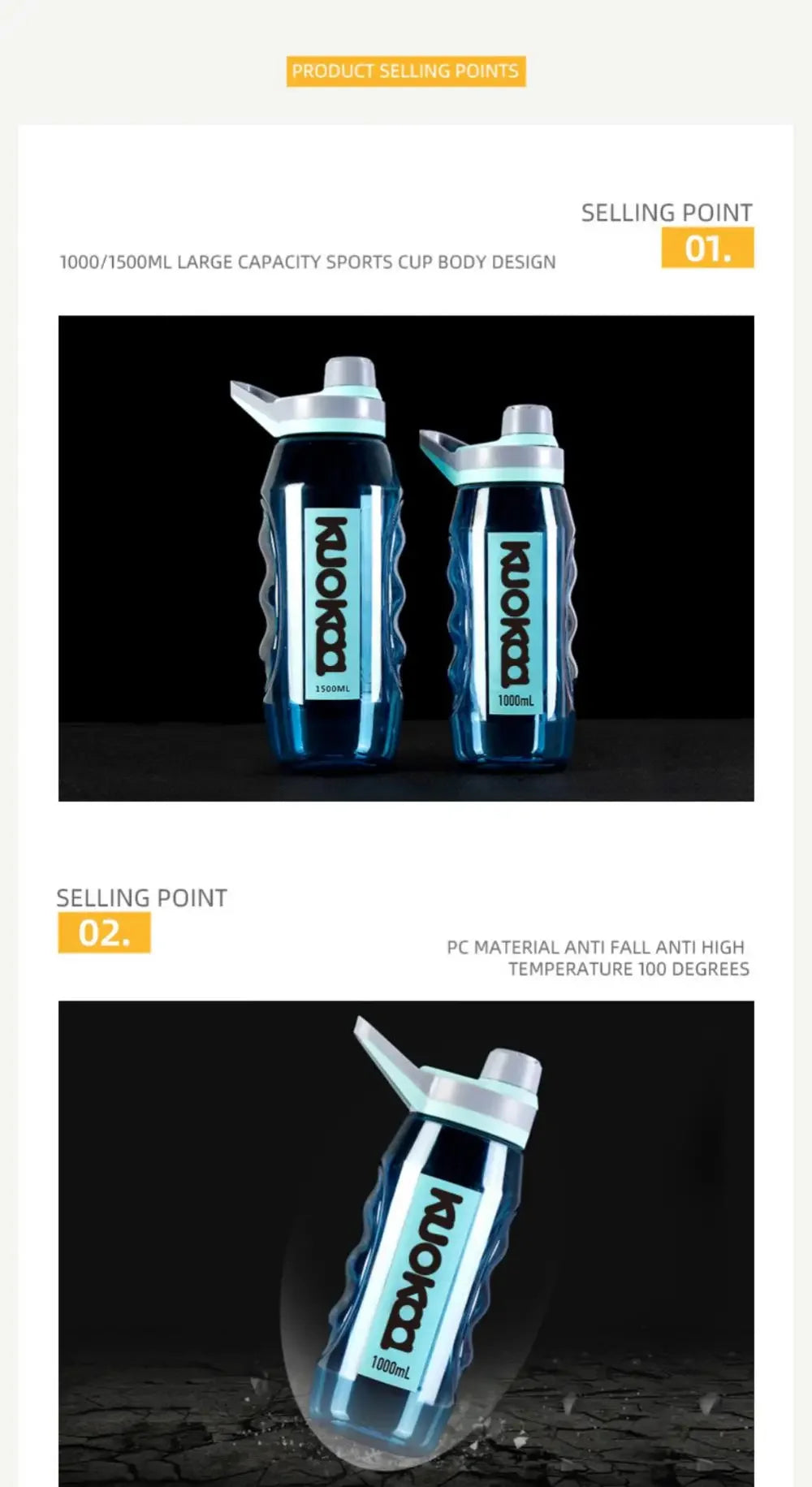 Copo de água à prova de vazamento de 1/1,5L, garrafa de água de plástico ecológico, garrafa esportiva, grande capacidade, garrafa de água de viagem flip