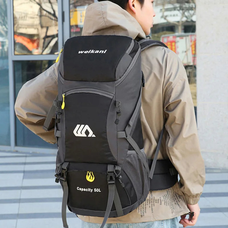 Mochila de viagem 50L para acampamento, masculina, grande, para trilhas, mochila turística, à prova d'água, para esportes ao ar livre, escalada, montanhismo, bagagem