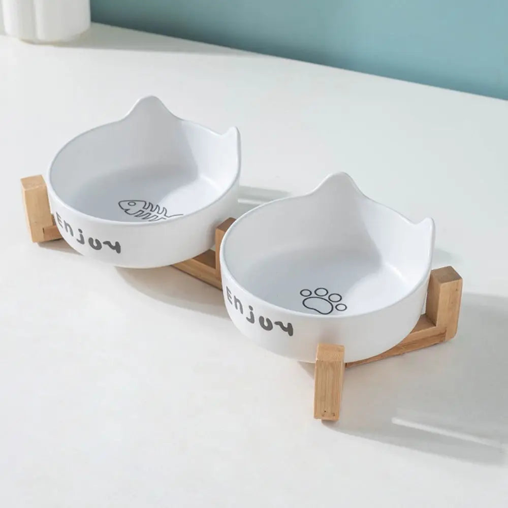Tigela de cerâmica para animais de estimação, tigela fofa simples/dupla, bacia de alimentação para cães, grande capacidade com suporte, alimentador para animais de estimação, proteção para o pescoço