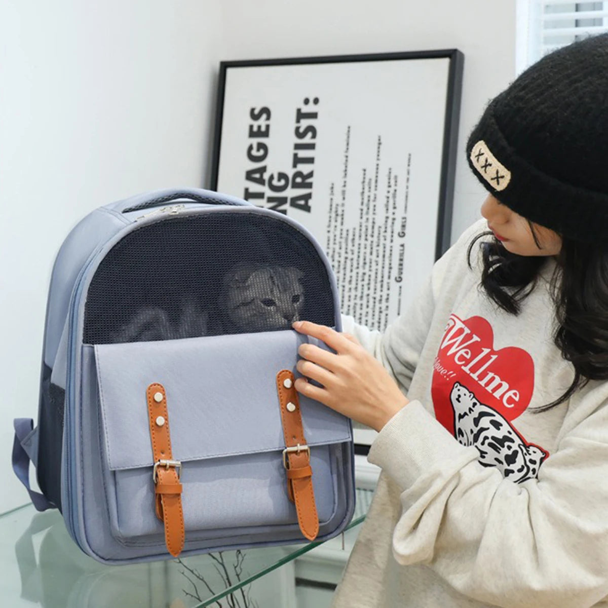 Mochila portátil para transporte de gatos - Oxford respirável e malha, alças ajustáveis ​​39 x 32 x 25 cm (15,3 x 12,5 x 9,8 pol.) para veterinário/viagem