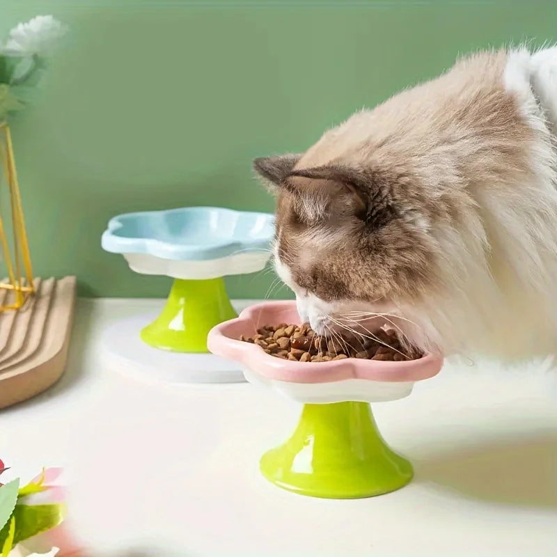 Tigela de cerâmica para animais de estimação com design de flores, tigela para comida de gato, prato de água com pé alto, prato para lanche com suporte para proteção do pescoço, água potável