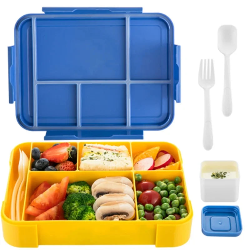 Lancheira Bento para adultos de 1330 ml, recipientes para alimentos com 6 compartimentos e utensílios de mesa para lanches, trabalho, escola, forno de micro-ondas, aquecimento
