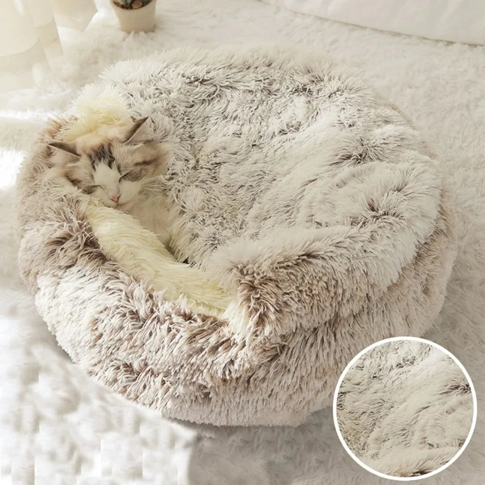 Cama de pelúcia longa e macia para animais de estimação, fechada, redonda, almofada para gatos, confortável, saco de dormir, ninho para gatos, canil para pequenos animais de estimação