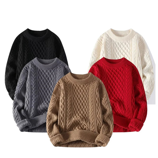 Suéter grosso de inverno masculino com gola redonda e pulôver de malha, cor sólida, manga comprida, casual, casaco quente para o dia a dia