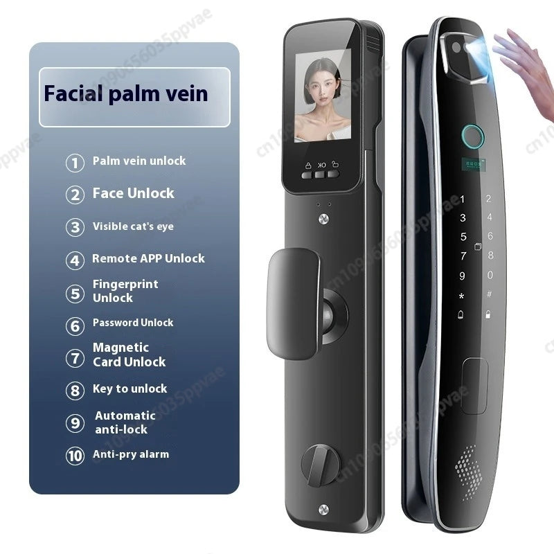 Fechadura de porta inteligente com reconhecimento facial 3D, anti-arrombamento e anti-arrombamento, totalmente automática, trava de impressão digital com senha, interfone, fechadura de porta inteligente