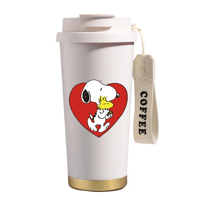 Garrafa térmica de aço inoxidável Snoopys 500ml, anime Kawaii, portátil, viagem, ar livre, carro, chá, café, caneca térmica fria