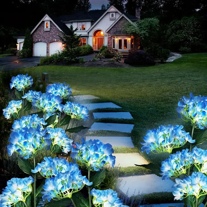 Luzes solares para jardim externo, luz solar à prova d'água, com flores de hortênsia, luzes LED para paisagens com energia solar