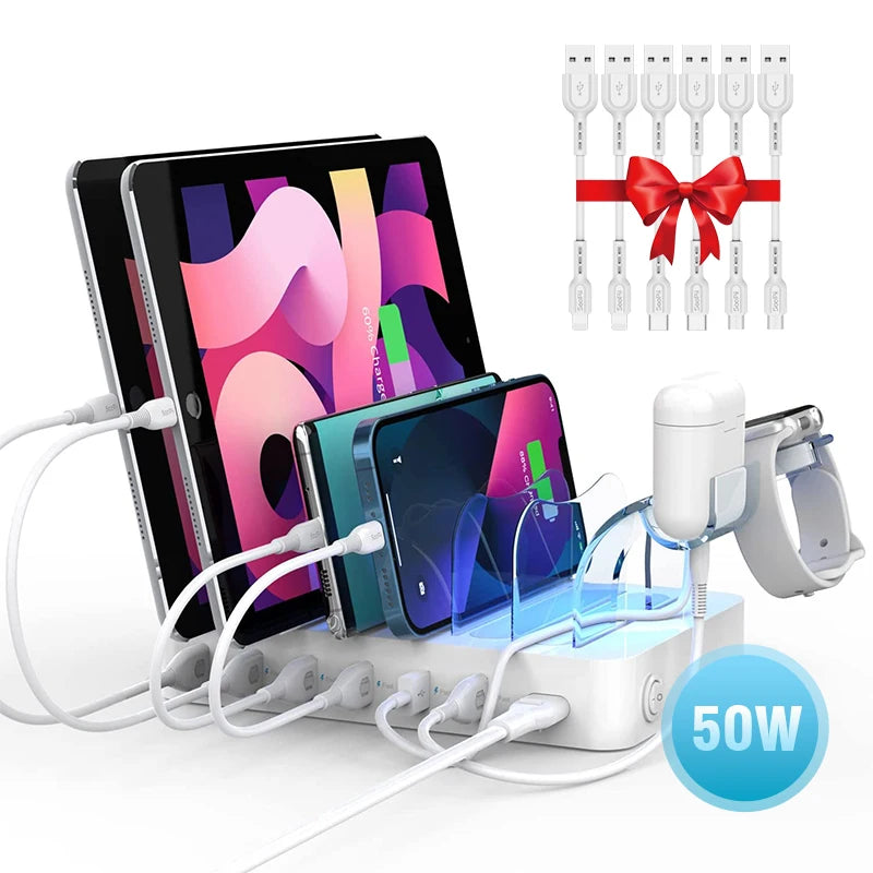 Estação de carregamento USB SooPii 50W/10A com 6 portas para casa e escritório. 6 cabos incluídos para telefones, tablets e outros eletrônicos.