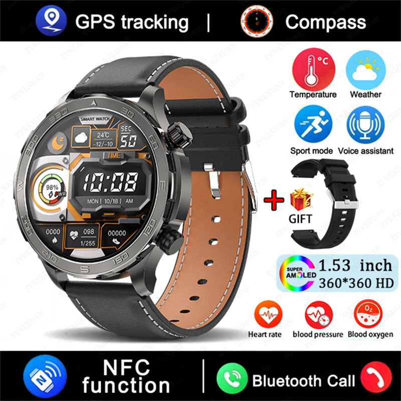 Novo relógio inteligente masculino com GPS e Bluetooth, tela AMOLED HD, frequência cardíaca, NFC, IP68, à prova d'água, esportivo, para Android e iOS, 2025
