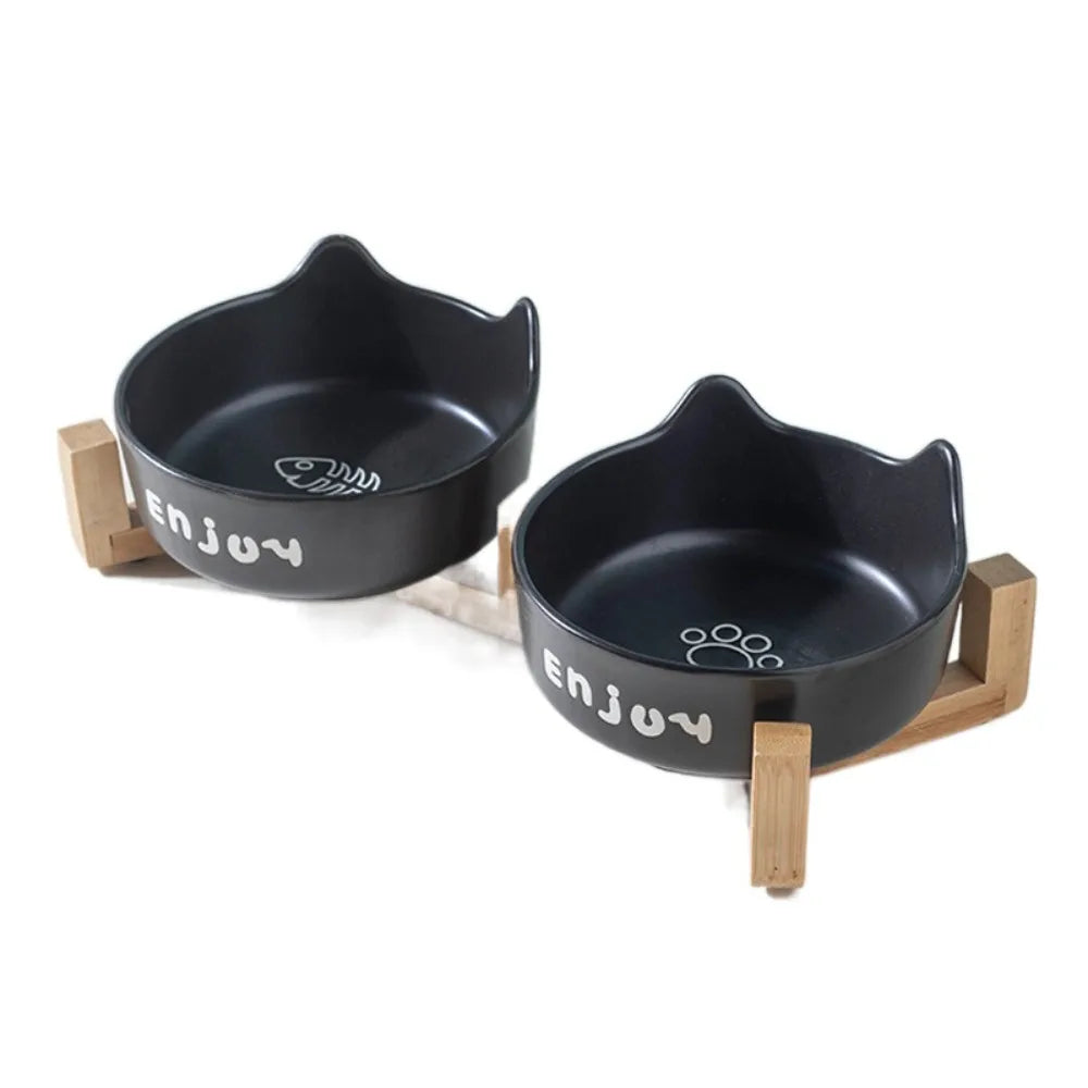 Tigela de cerâmica para animais de estimação, tigela fofa simples/dupla, bacia de alimentação para cães, grande capacidade com suporte, alimentador para animais de estimação, proteção para o pescoço