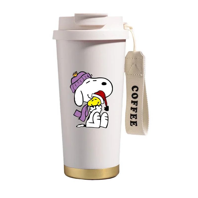 Garrafa térmica de aço inoxidável Snoopys 500ml, anime Kawaii, portátil, viagem, ar livre, carro, chá, café, caneca térmica fria