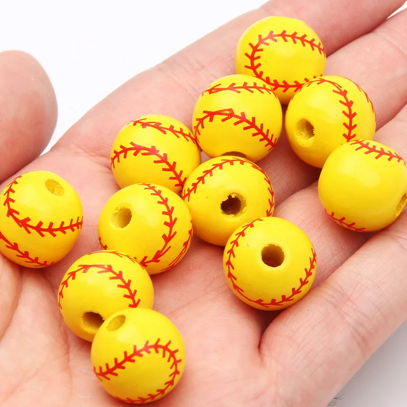 10 peças de contas espaçadoras de beisebol de basquete de 16 mm, bolas redondas de madeira para fazer pulseiras e colares, suprimentos para joias faça você mesmo