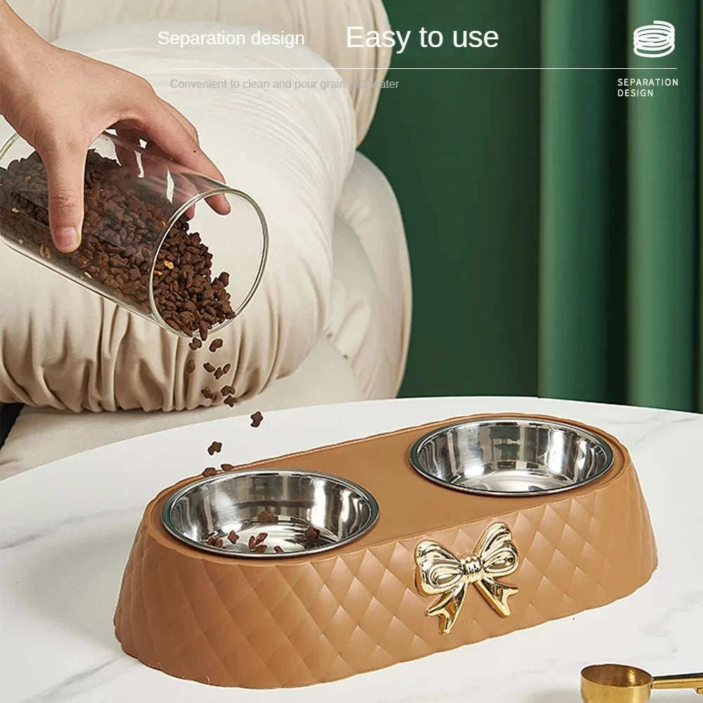 Tigela de comida para gatos com laço e laço para animais de estimação, tigela de PP com base para cães, tigela dupla de aço inoxidável, acessórios para animais de estimação, tigela dupla para alimentação e bebida