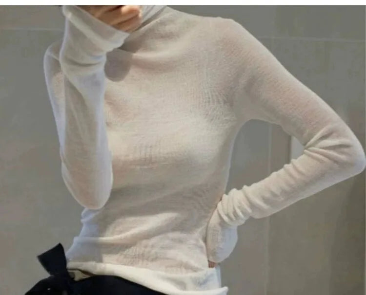 Novo suéter de caxemira feminino outono/inverno 2023, gola alta, suéter ultrafino de lã com pelo