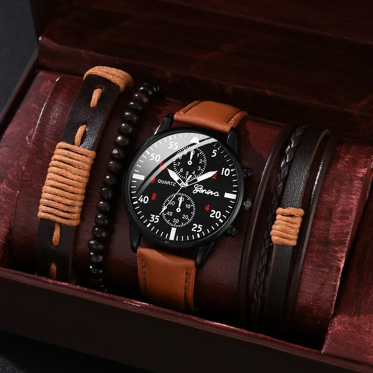Conjunto de relógios esportivos masculinos 4/2/1 peças, relógio de pulso de quartzo luxuoso com pulseira de couro marrom, relógio casual masculino (sem caixa)