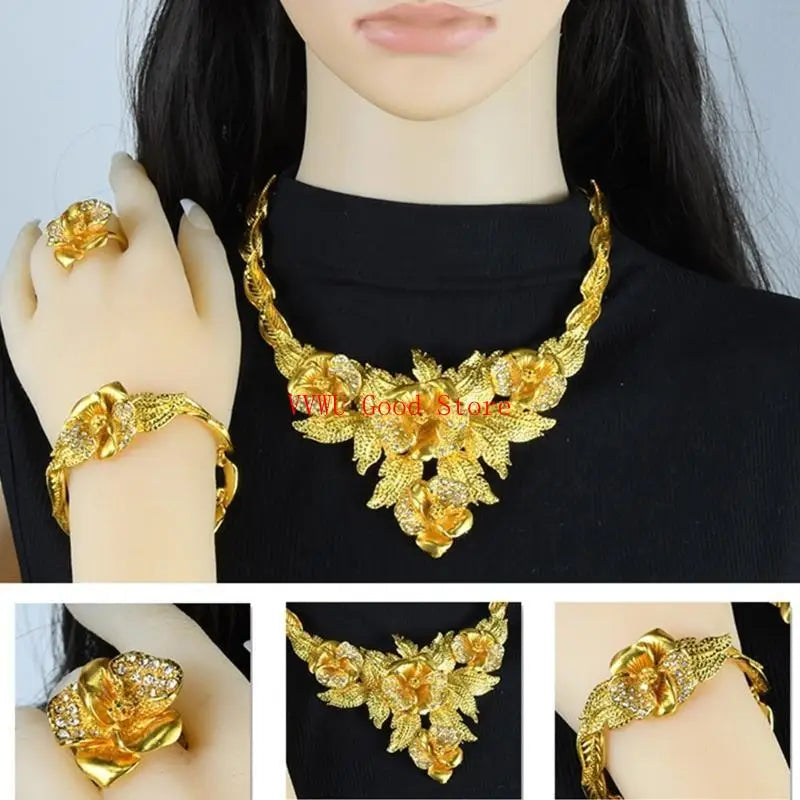 Conjunto de joias florais com strass dourados resistentes, acessório de moda portátil para noivas e festas noturnas