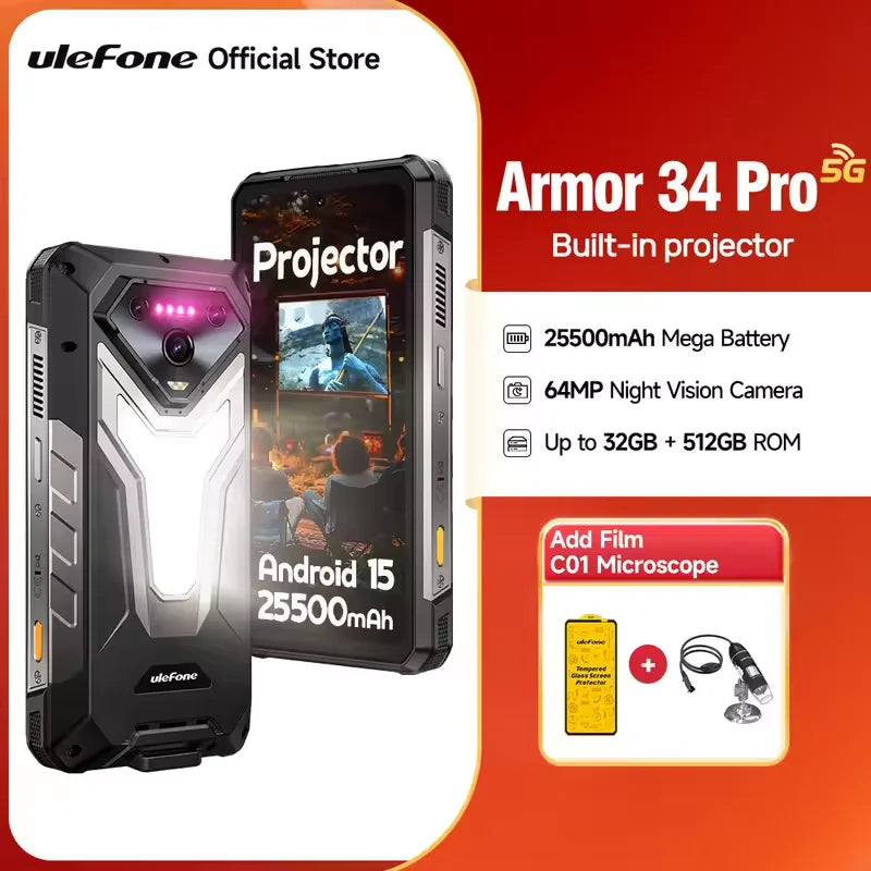 Ulefone Armor 34 Pro 5G, telefone robusto com IA, 32 GB + 512 GB, 25.500 mAh, 6,95" com projetor integrado, 120 Hz, Android 15, MTK 7300, NFC