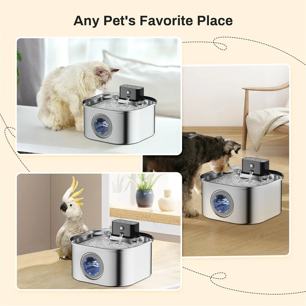 Fonte de água para cães e gatos de aço inoxidável 3.2L com filtro de ciclo de indução automático recarregável e tigela para animais de estimação