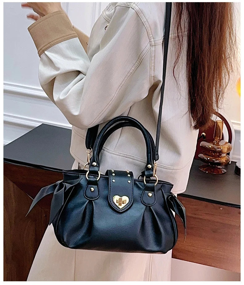 Bolsa de mão rosa com laço doce Lolita, bolsa feminina Harajuku Love Heart, bolsa transversal macia, bolsa de ombro feminina Kawaii de grande capacidade