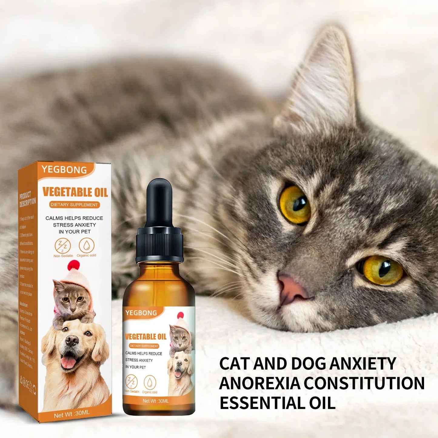 Gotas calmantes orgânicas naturais, mistura de óleo essencial para alívio da ansiedade de animais de estimação para cães e gatos, criam uma experiência sem ansiedade e saúde da pele