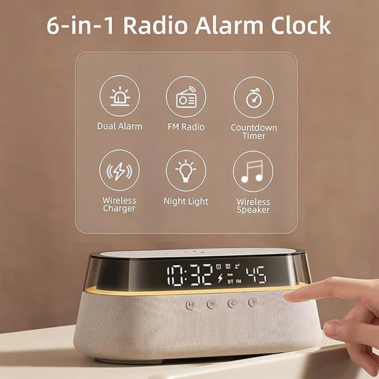 Despertador inteligente 6 em 1 - Carregador sem fio de 15 W, alto-falante Bluetooth, rádio FM, alarme duplo, carregador USB e luz noturna RGB