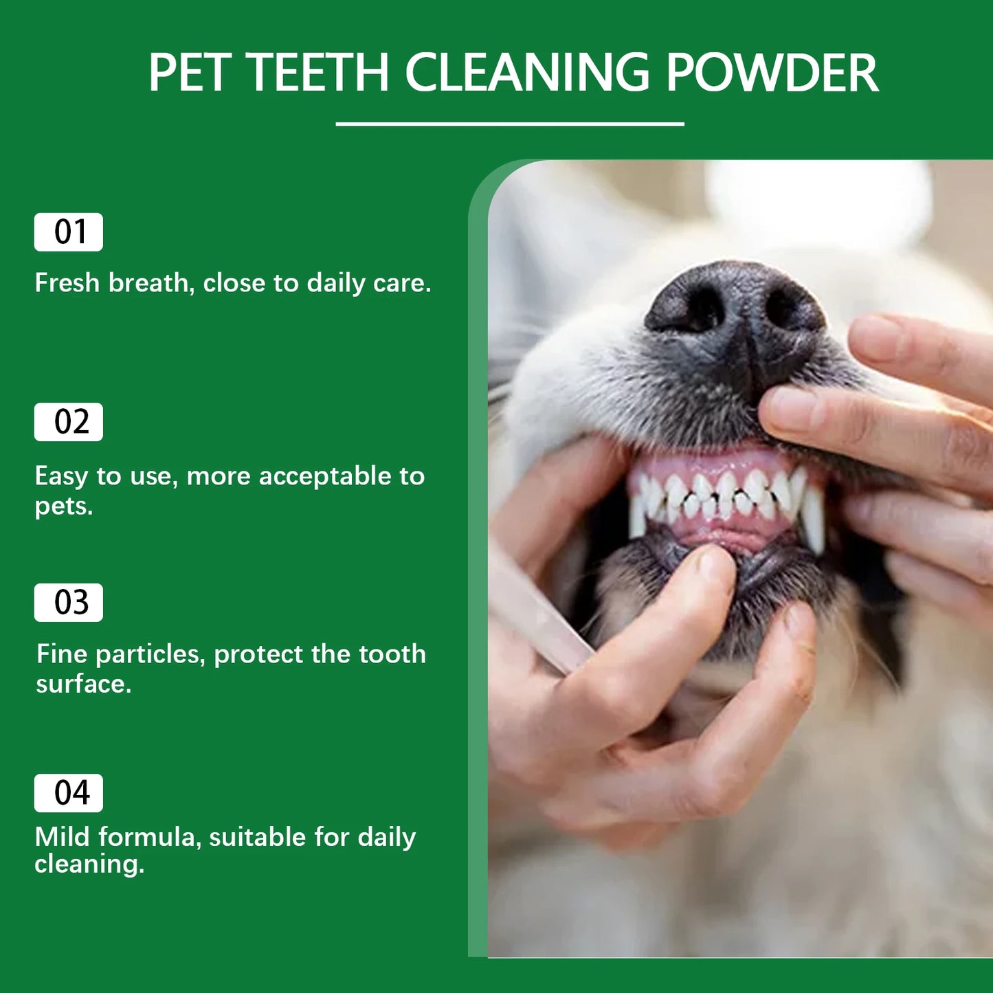O pó de limpeza para dentes de animais de estimação YEGBONG remove o mau hálito, combate naturalmente o odor de tártaro e mantém o hálito do seu animal de estimação fresco