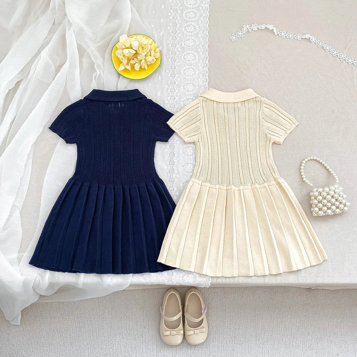 1-5Y Kids Clothes Hollow Out Knit Dress For Kids Girls Kids Knit Pleated Dresses
