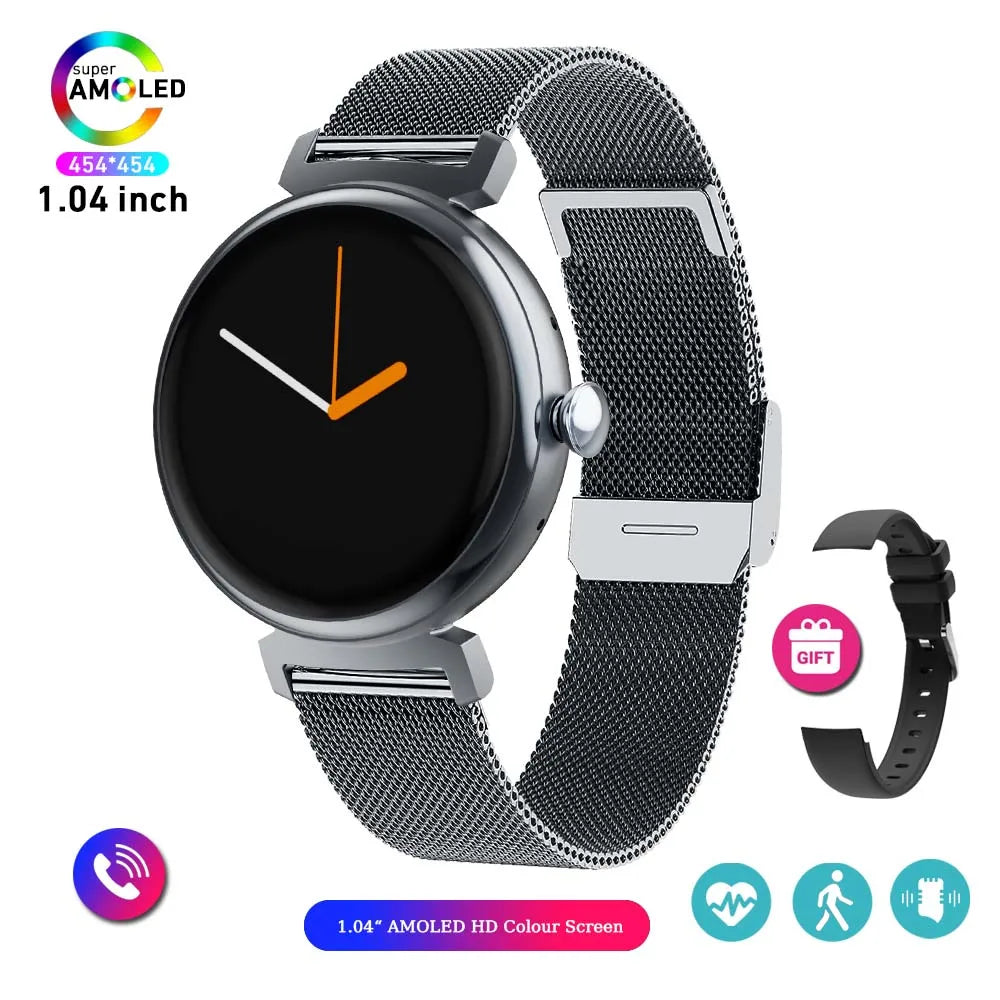 Relógio inteligente feminino moderno com tela AMOLED de 1,04 polegadas, tela sempre exibida, chamada Bluetooth, corpo de metal, tela pequena