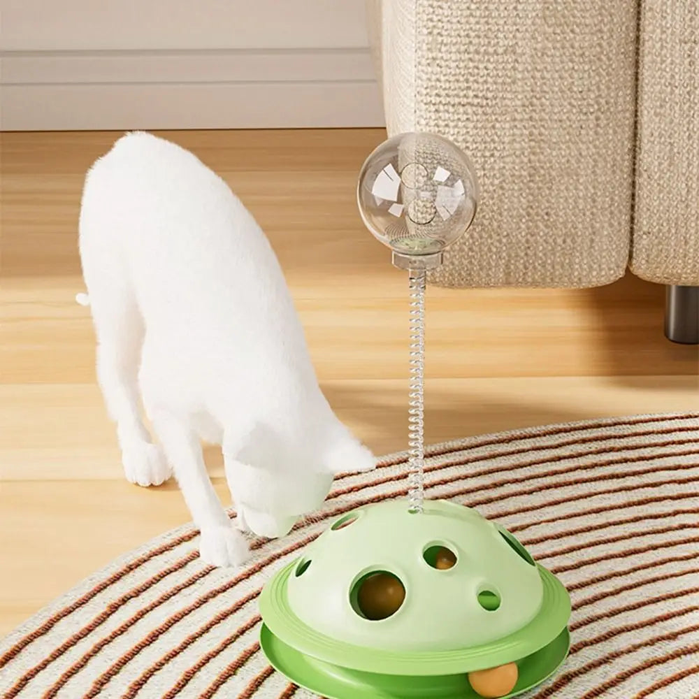 Bola de comida de plástico para gatos, brinquedo interativo com haste de mola, bola de brinquedo giratória destacável para gatos