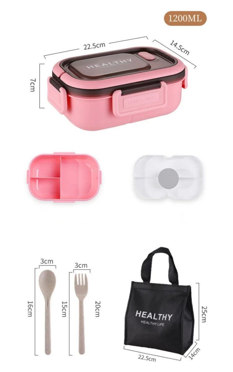 Lancheira de camada dupla 1200ml, compartimento portátil, caixa de alimentos para frutas, salada, micro-ondas, garfo e colher, caixa de piquenique para alimentos frescos