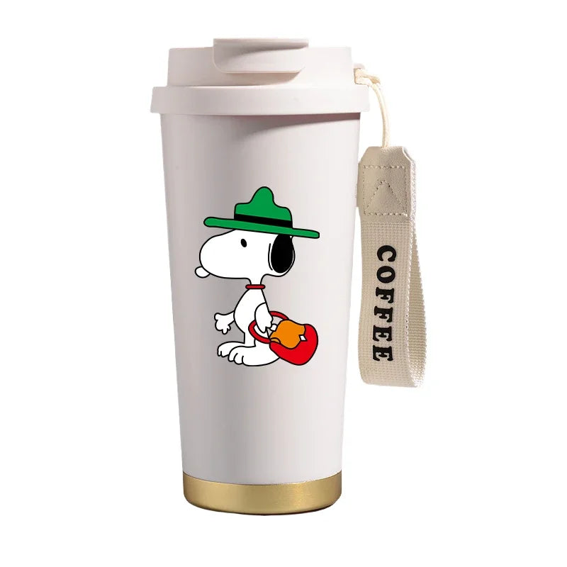 Garrafa térmica de aço inoxidável Snoopys 500ml, anime Kawaii, portátil, viagem, ar livre, carro, chá, café, caneca térmica fria