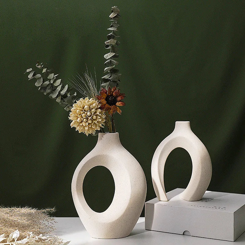 Vaso de cerâmica vazado, 2 para decoração moderna de casa, vaso estilo donut boho, vaso decorativo minimalista preto e branco