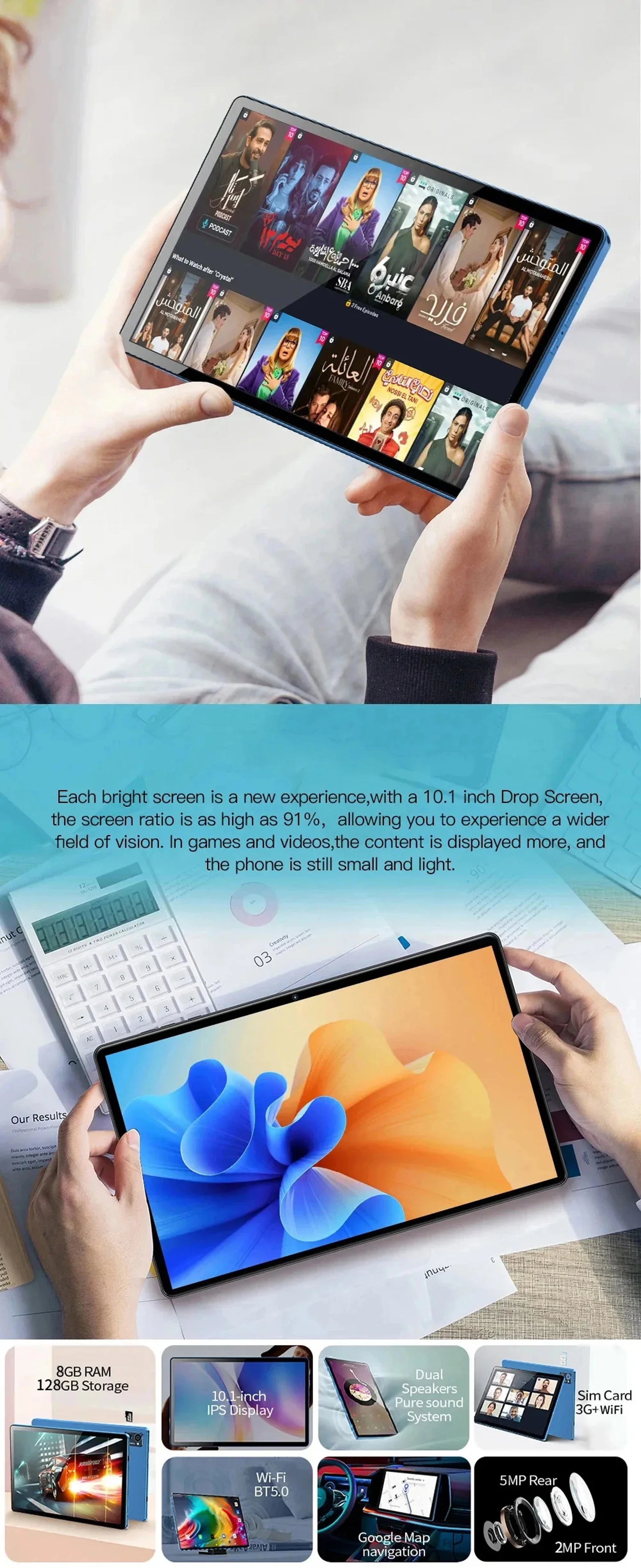 Tablet de 10,1 polegadas mais vendido em 2024 com 4 GB de RAM, 64 GB de ROM, sistema Android 11, reprodutor de músicas, versão global, tablet de 5000 mAh