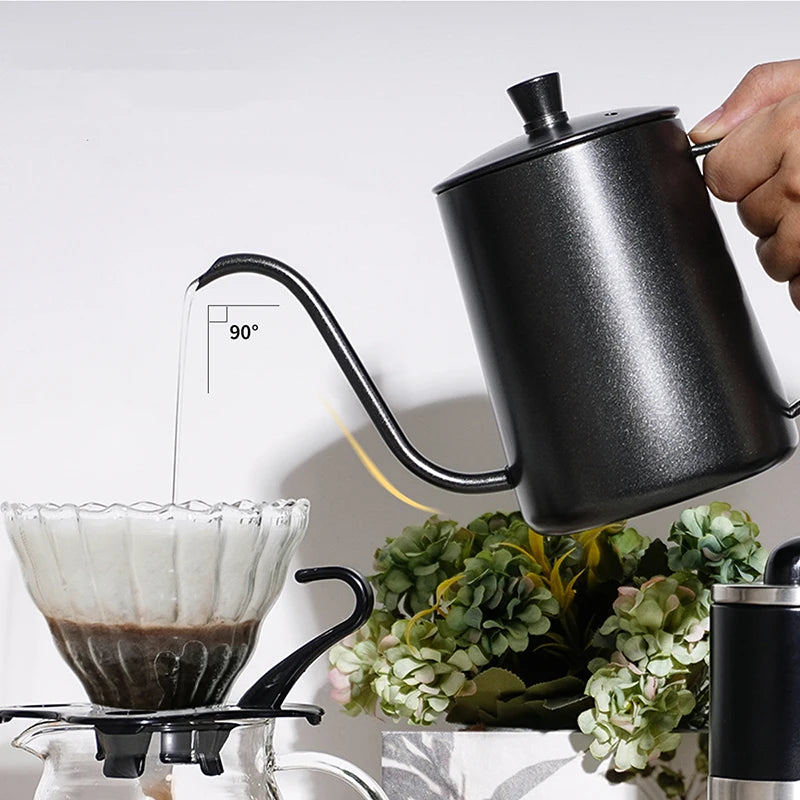 Chaleira de gotejamento de 350ml e 600ml, bule de café e chá, revestimento antiaderente, aço inoxidável de qualidade alimentar, chaleira de gotejamento com pescoço de cisne, boca fina