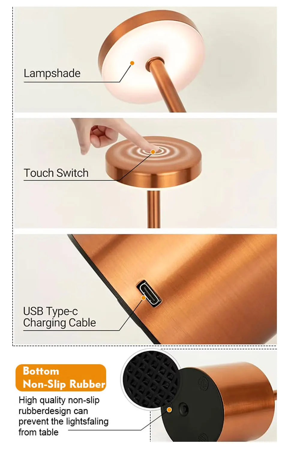 Abajur de mesa USB recarregável sem fio, abajur com luz noturna sensível ao toque, decoração para casa, abajur retrô portátil para quarto