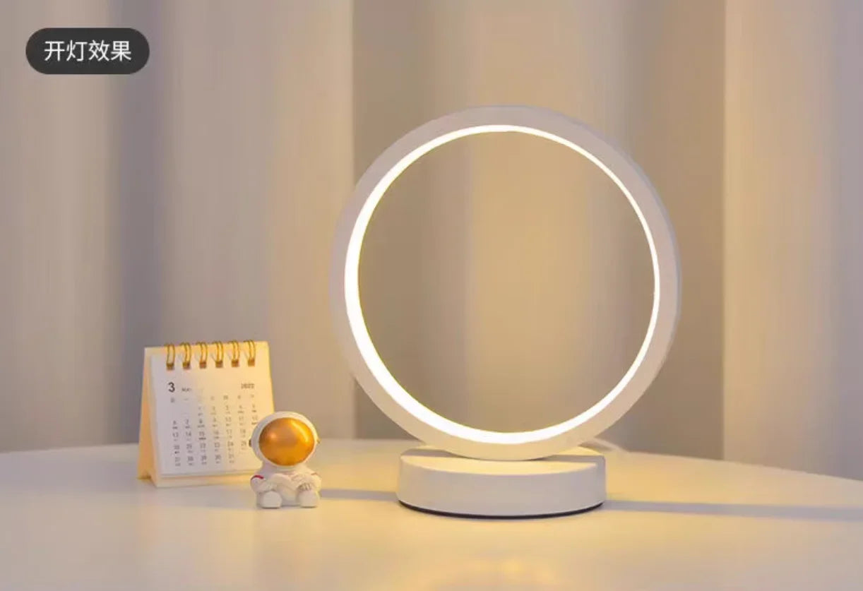 Luminária de mesa circular LED de 20 cm, simples, de cabeceira, para quarto, sala de estar, restaurante, hotel, lâmpada decorativa, luz noturna redonda regulável