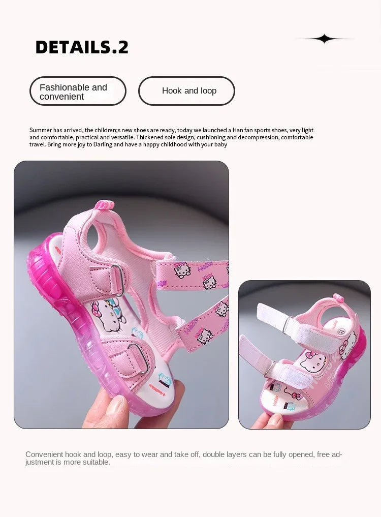Sandálias infantis com luz LED para bebês meninas, sapatos casuais fofos da Hello Kitty para crianças, calçados antiderrapantes de praia para atividades ao ar livre, verão 2025