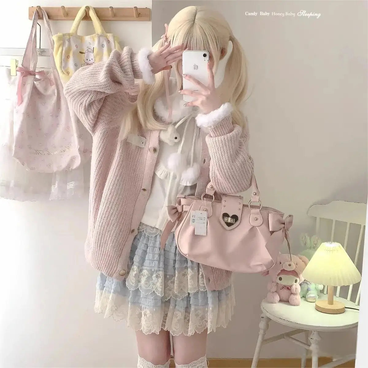 Bolsa de mão rosa com laço doce Lolita, bolsa feminina Harajuku Love Heart, bolsa transversal macia, bolsa de ombro feminina Kawaii de grande capacidade