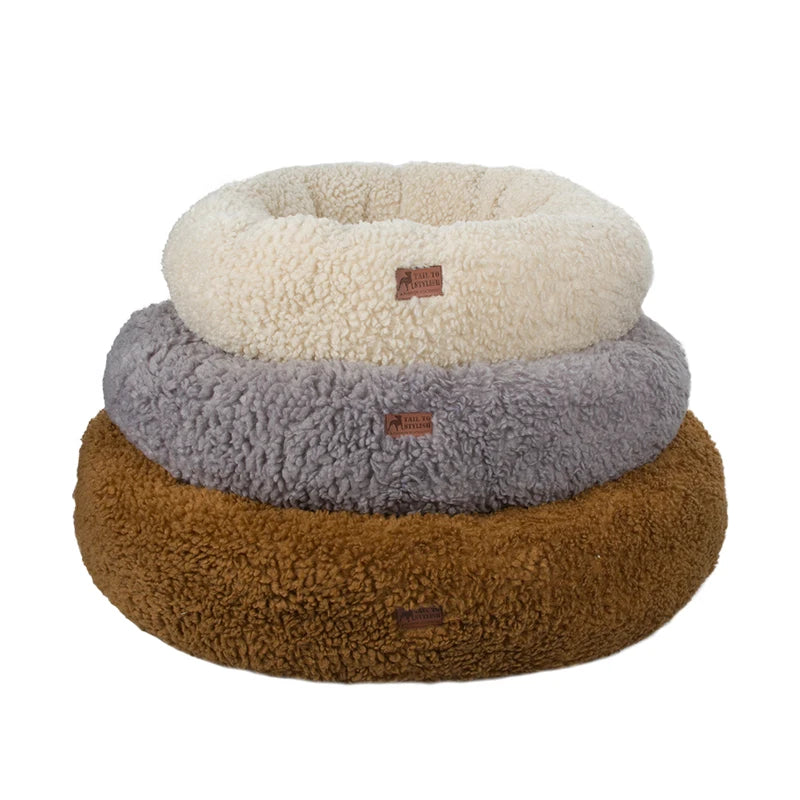Fabricante atacadista de pelúcia macia de lã de luxo para animais de estimação, almofada redonda, donut, cama calmante para cães e gatos, canil